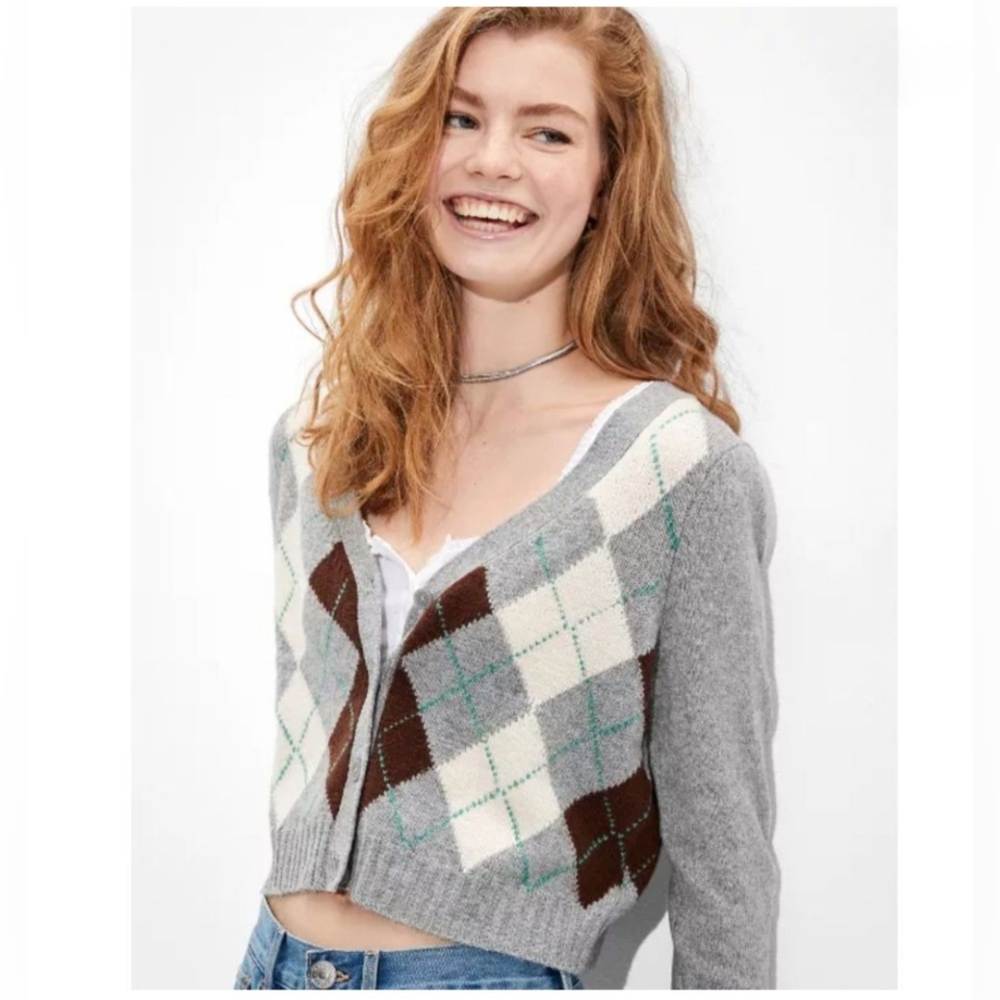 American Eagle Argyle Cropped Gray Sweater Preppy XS AEO